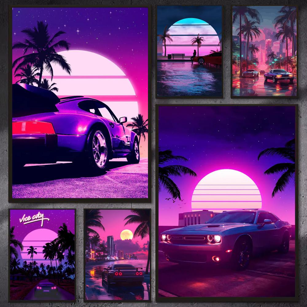 Retro Gaming Wallpaper - Cyberpunk 80er Retro-Auto-Stadt-Poster, moderne Ästhetik, Gaming-Raum-Dekoration,