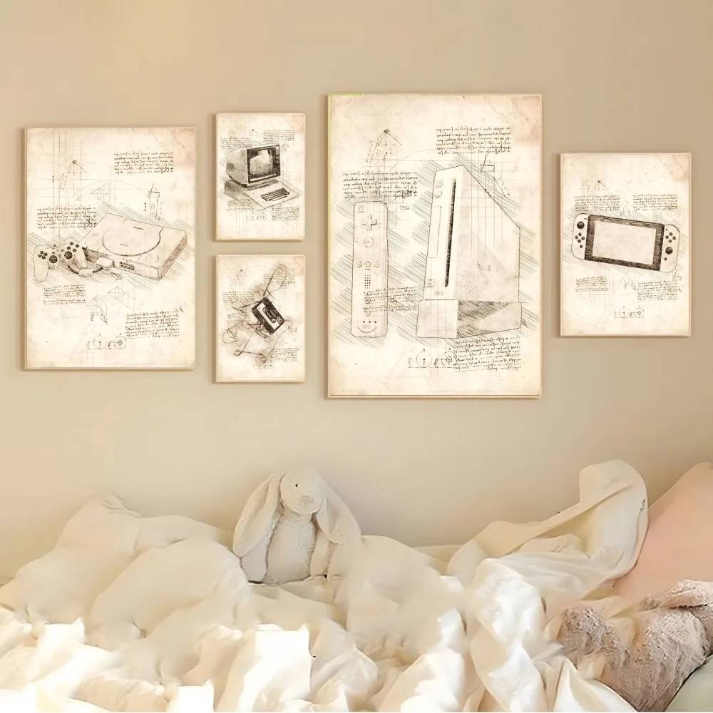 Retro Gaming Wallpaper - Vintage-Spielkonsolen-Skizzen Wandkunst Retro-Spielgeräte-Baupläne Drucke im Da-Vinci-Stil