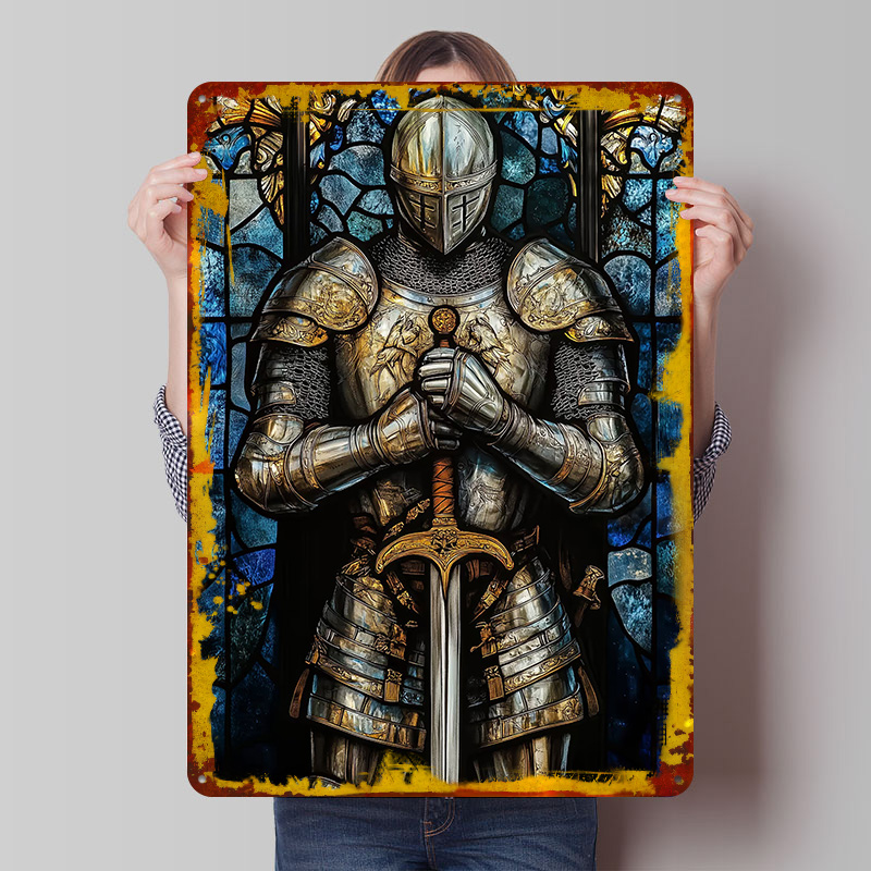 Retro Knight Gaming - Ritter im Glänzenden Rüstungsanzug Blechschild Poster