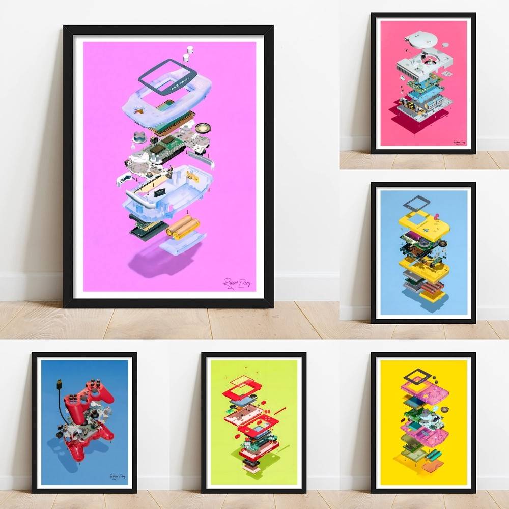 Retro Gaming Wallpaper - Explodiertes Spielkonsolen-Papierposter: Farbenfroher Retro-Handcontroller-Demontage-Wanddruck für Gaming-Zimmer,
