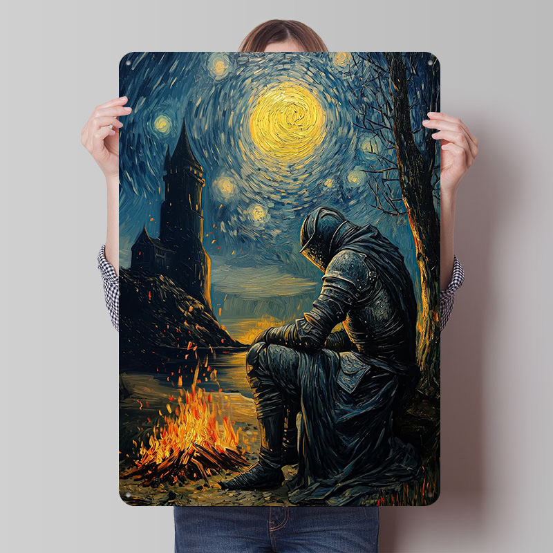 Retro Knight Gaming - Knight By The Bonfire Blechschild-Poster, individuell