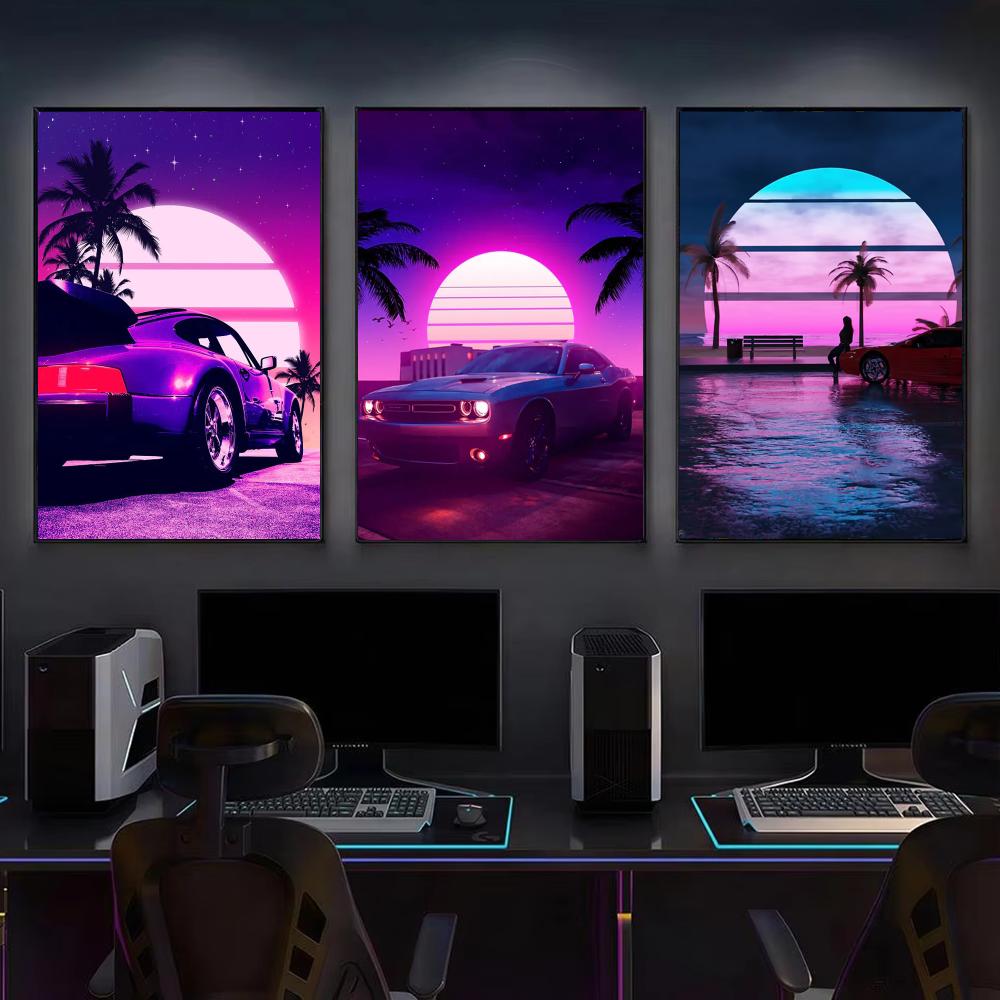 Cyberpunk 80er Retro-Auto-Stad – Retro Gaming Wallpaper Bewertung und Preis